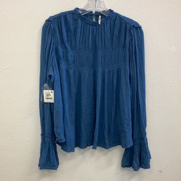 Free people Kelsey Peasant Blouse Blue Metal Bell sleeves Cottagecore Fairycore - Picture 1 of 12